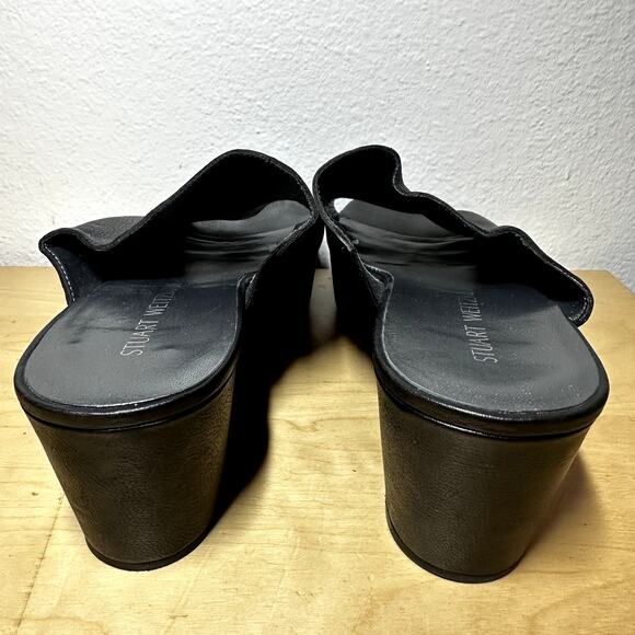 Stuart Weitzman Muletrain Wedge Sandals Leather Platform Wide Strap Black 9M - Picture 6 of 8